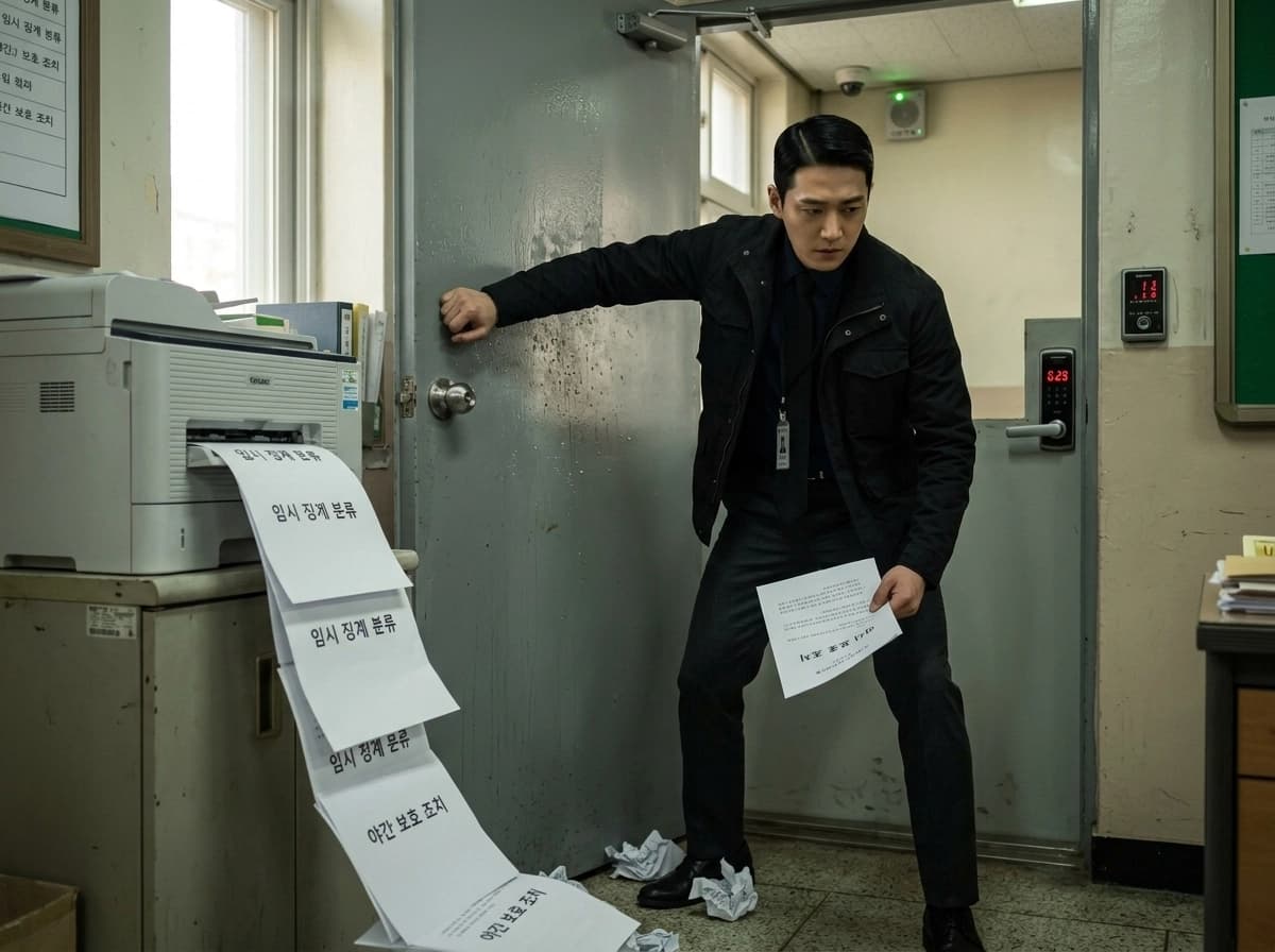 비상문 뒤의 출력물