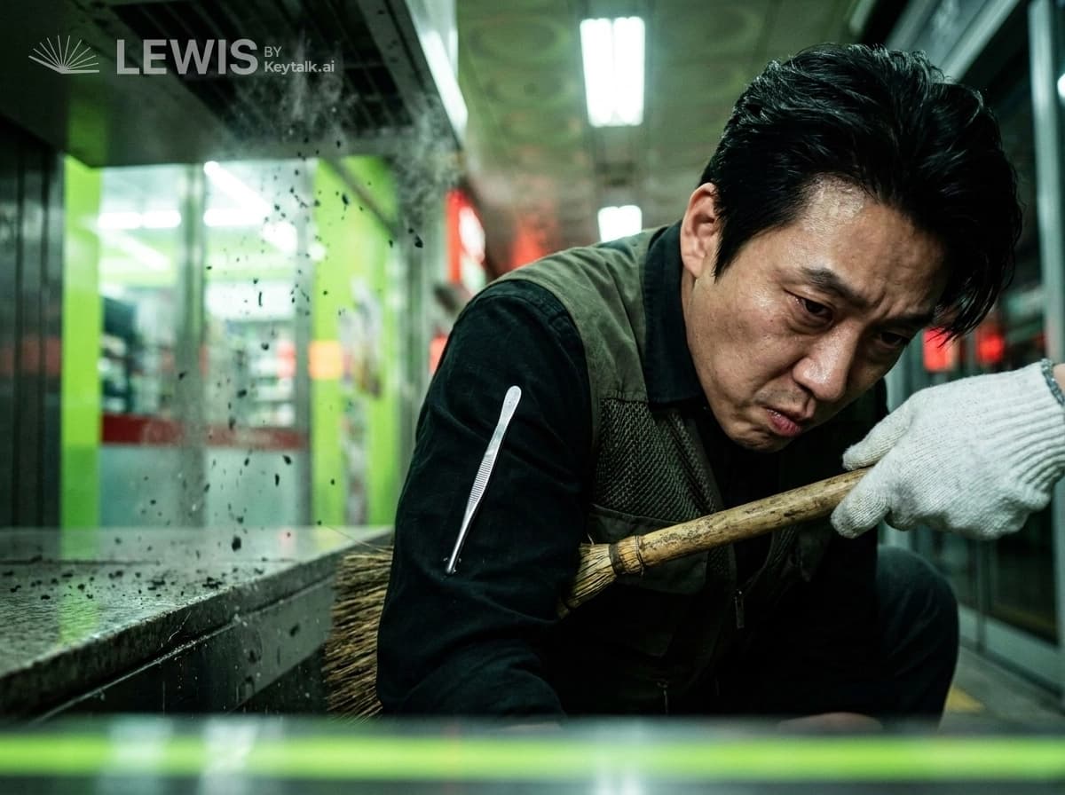 노란 선 앞의 빗자루